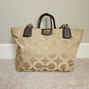 Coach Signature Tote Khaki Brown Leather Trim Chain Straps